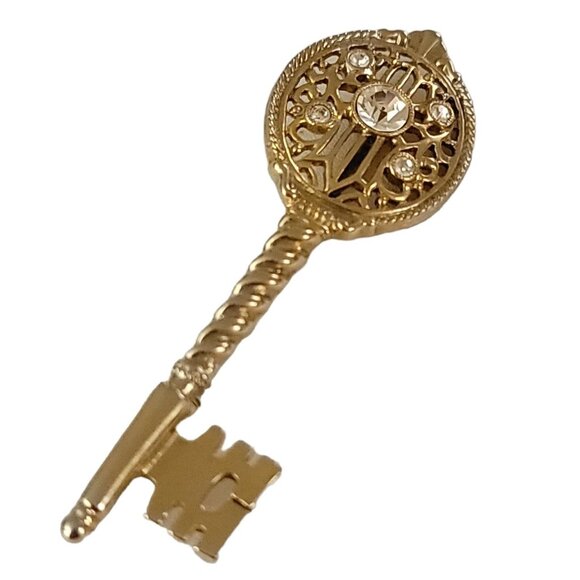 1928 Brand Gold Tone Clear Rhinestone Skeleton Key Brooch Pin K541 - Picture 4 of 10